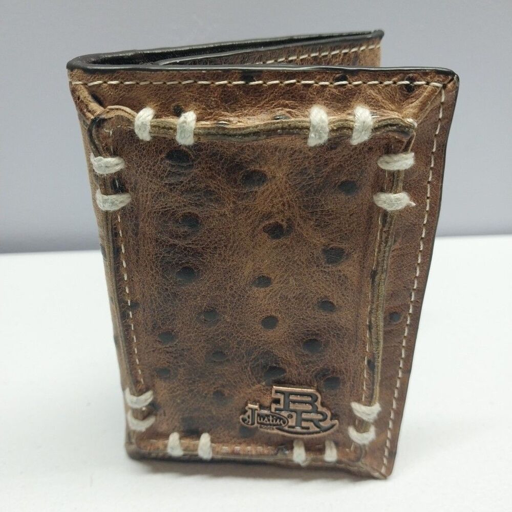 Justin Boots Brown Ostrich Print Leather Bifold Wallet Western Whipstitch